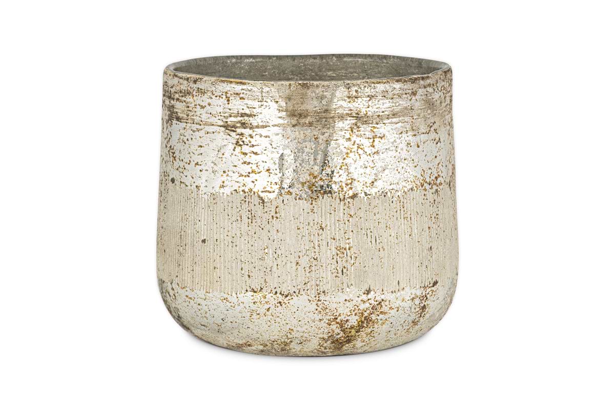 The nkuku Juniper & Fir 3 Wick Scented Candle comes in a metallic, cylindrical vessel with a textured, weathered silver finish—its wide opening and tapered shape make it both stylish and functional.