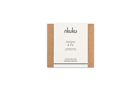 A square candle box with brown sides and a white nkuku Juniper & Fir 3 Wick Scented Candle label in black text on the front features a bespoke winter fragrance, displayed against a plain white background.