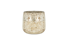 The nkuku Mandarin & Clove 1 Wick Scented Candle features a small, rounded metallic pot with a distressed silver and gold finish, filling your space with festive spiced mandarin fragrance. Shown on a plain white background.