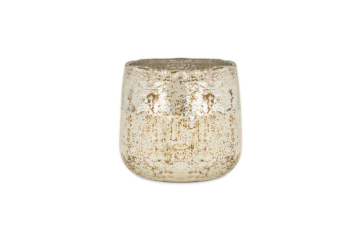 The nkuku Mandarin & Clove 1 Wick Scented Candle features a small, rounded metallic pot with a distressed silver and gold finish, filling your space with festive spiced mandarin fragrance. Shown on a plain white background.