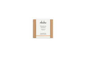 A square brown cardboard box with a white nkuku label holds the Mandarin & Clove 1 Wick Scented Candle, evoking a festive spiced mandarin fragrance, set against a plain white background.