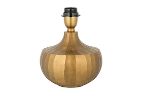 The Sakiti Cast Aluminium Table Lamp by nkuku features an antique brass, round, faceted base that tapers to a black and gold socket. Its modern, elegant design stands out beautifully against a plain white background.