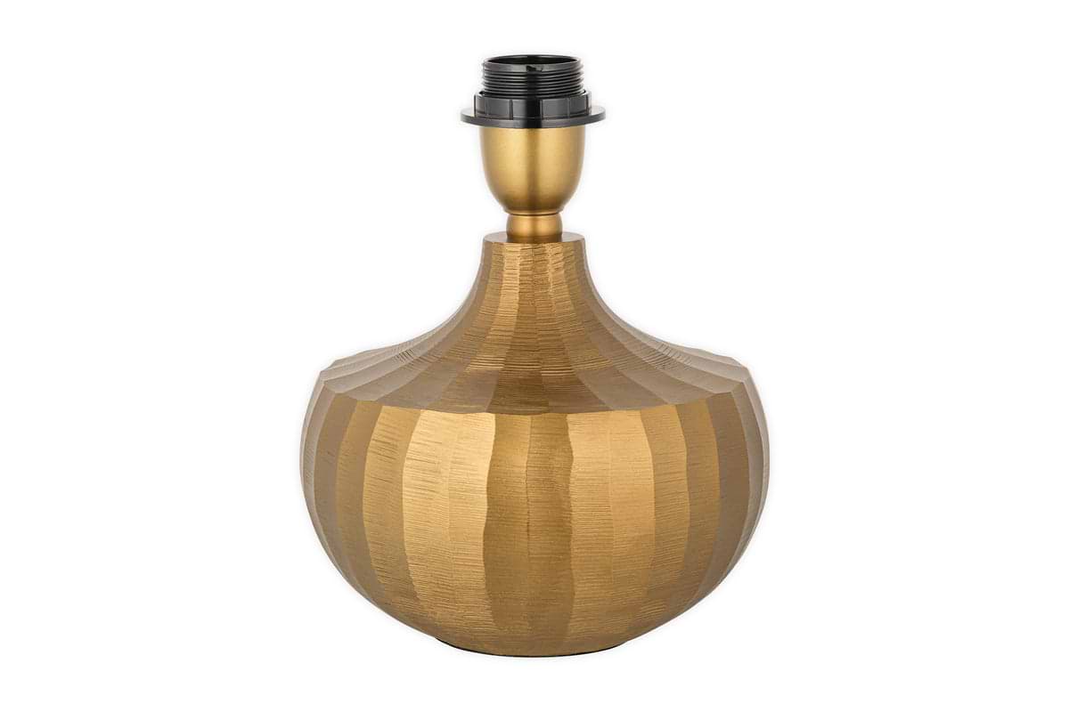 The Sakiti Cast Aluminium Table Lamp by nkuku features an antique brass, round, faceted base that tapers to a black and gold socket. Its modern, elegant design stands out beautifully against a plain white background.
