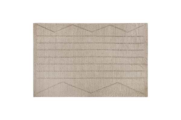 The nkuku Shanti Wool & Cotton Rug - Natural is a beige rectangular area rug with a textured surface and horizontal and zigzag line patterns, shown on a white background.