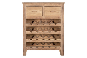 The Shanthi Reclaimed Wood Wine Rack by nkuku features a natural finish, two small top drawers, and four shelves for wine storage. Its sturdy design and rustic charm make it a perfect addition to any space.