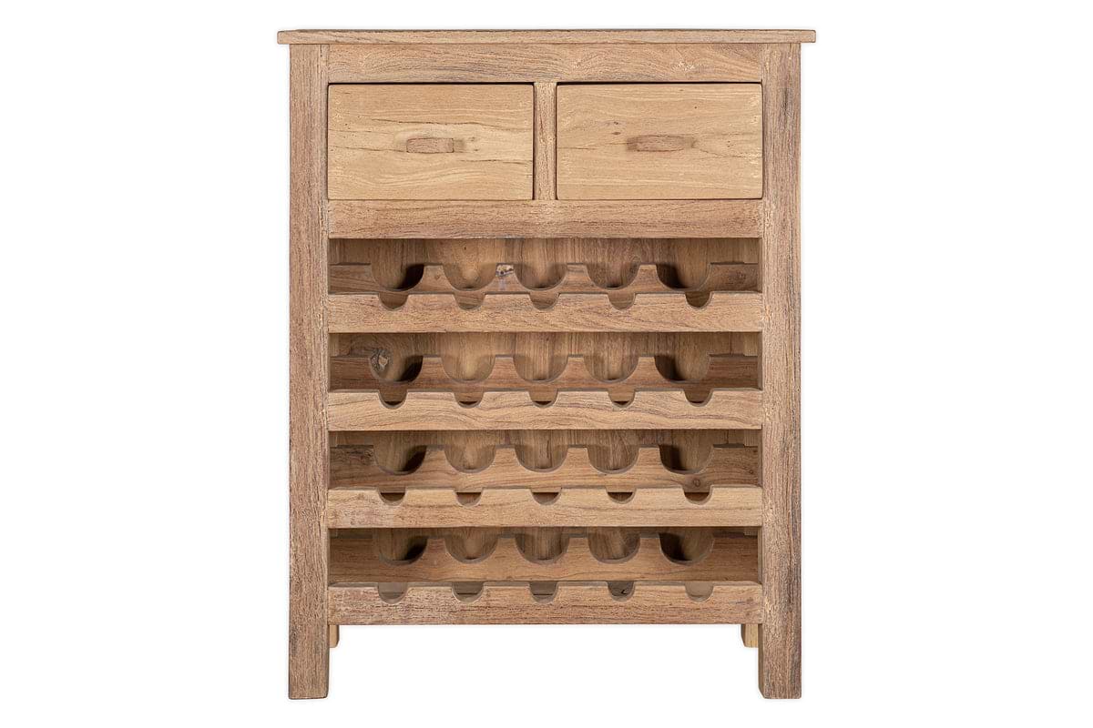 The Shanthi Reclaimed Wood Wine Rack by nkuku features a natural finish, two small top drawers, and four shelves for wine storage. Its sturdy design and rustic charm make it a perfect addition to any space.