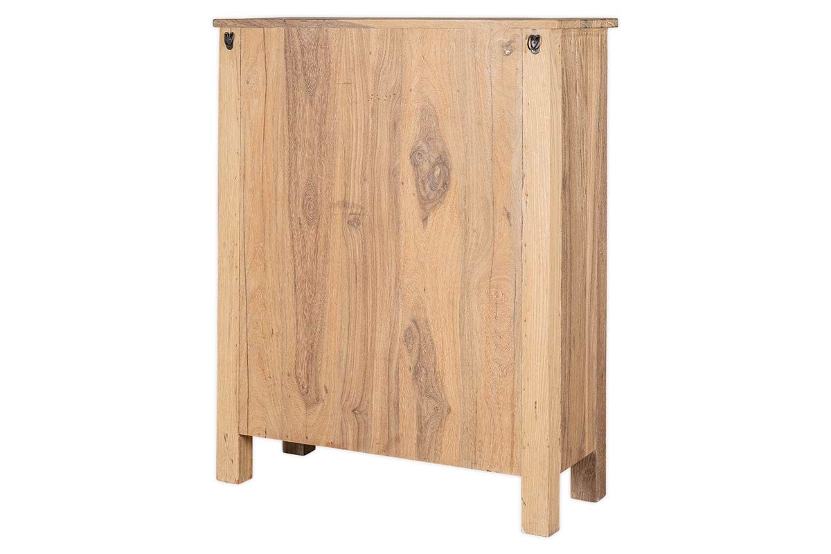 The Shanthi Reclaimed Wood Wine Rack - Natural by nkuku is a rustic, rectangular cabinet with visible grain and knots, featuring four straight legs. It stylishly stores wine bottles and has a natural finish without handles or shelves.