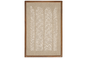 The Samaya Hand Stitched Wall Art by nkuku features a rectangular, sustainable mango wood frame, a tan linen background, and vertical rows of white zigzag stitching for a modern geometric look.