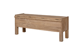 The nkuku Teni Reclaimed Wood Storage Bench features a natural wood finish, upholstered linen cushion, hinged lid, and four straight legs, shown against a white background.