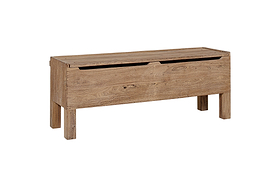The Teni Reclaimed Wood Storage Bench by nkuku features a natural finish, upholstered linen cushion, hinged lid, and sturdy four-leg design—ideal for hallway seating and storage. Shown against a white background.