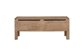 The nkuku Teni Reclaimed Wood Storage Bench features a rectangular design, natural finish, lift-up lid, and an upholstered linen cushion—ideal for charming, functional hallway storage. Shown against a white background.