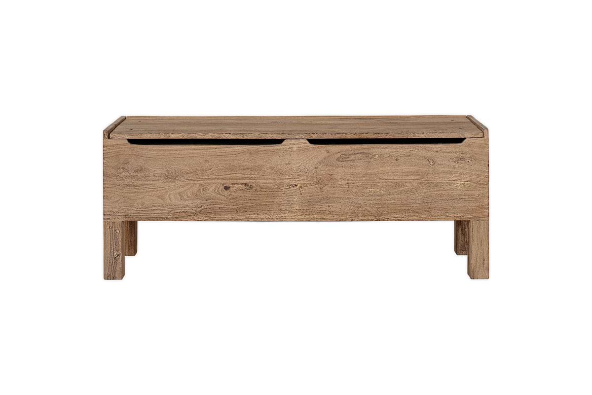 The nkuku Teni Reclaimed Wood Storage Bench features a rectangular design, natural finish, lift-up lid, and an upholstered linen cushion—ideal for charming, functional hallway storage. Shown against a white background.