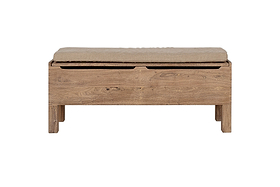 The nkuku Teni Reclaimed Wood Storage Bench features a natural finish, rectangular shape, and an upholstered linen cushion in beige. This rustic hallway bench is set against a plain white background.