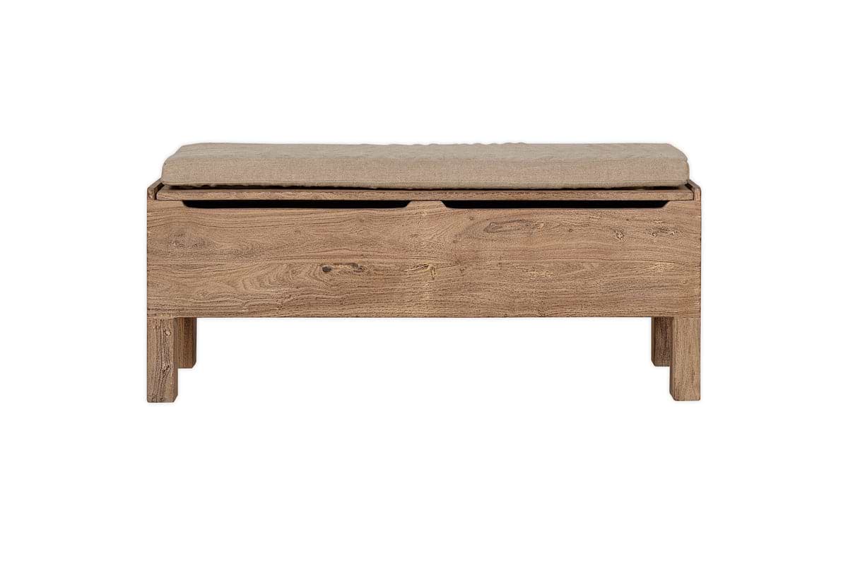 The nkuku Teni Reclaimed Wood Storage Bench features a natural finish, rectangular shape, and an upholstered linen cushion in beige. This rustic hallway bench is set against a plain white background.
