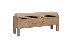 The nkuku Teni Reclaimed Wood Storage Bench features a natural finish and an upholstered linen cushion, combining rustic style with practical storage—ideal for use as a hallway bench or entryway accent.