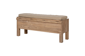 The nkuku Teni Reclaimed Wood Storage Bench features a natural finish and an upholstered linen cushion, blending rustic style with sturdy design—ideal for adding functional seating and storage to any room.