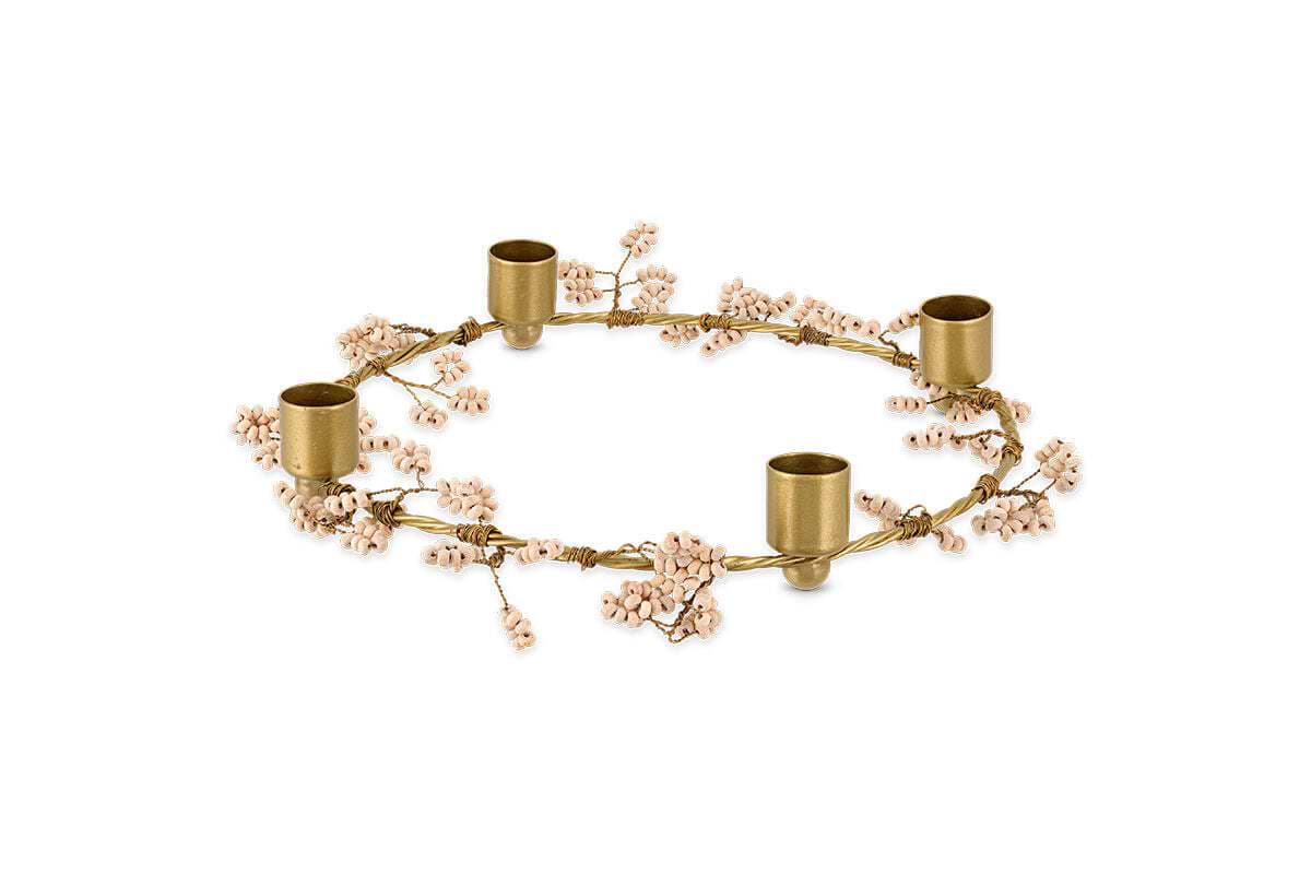 Tanu Mango Wood Beaded Candle Holder - Brass & Natural-CHRISTMAS DECORATIONS-Nkuku