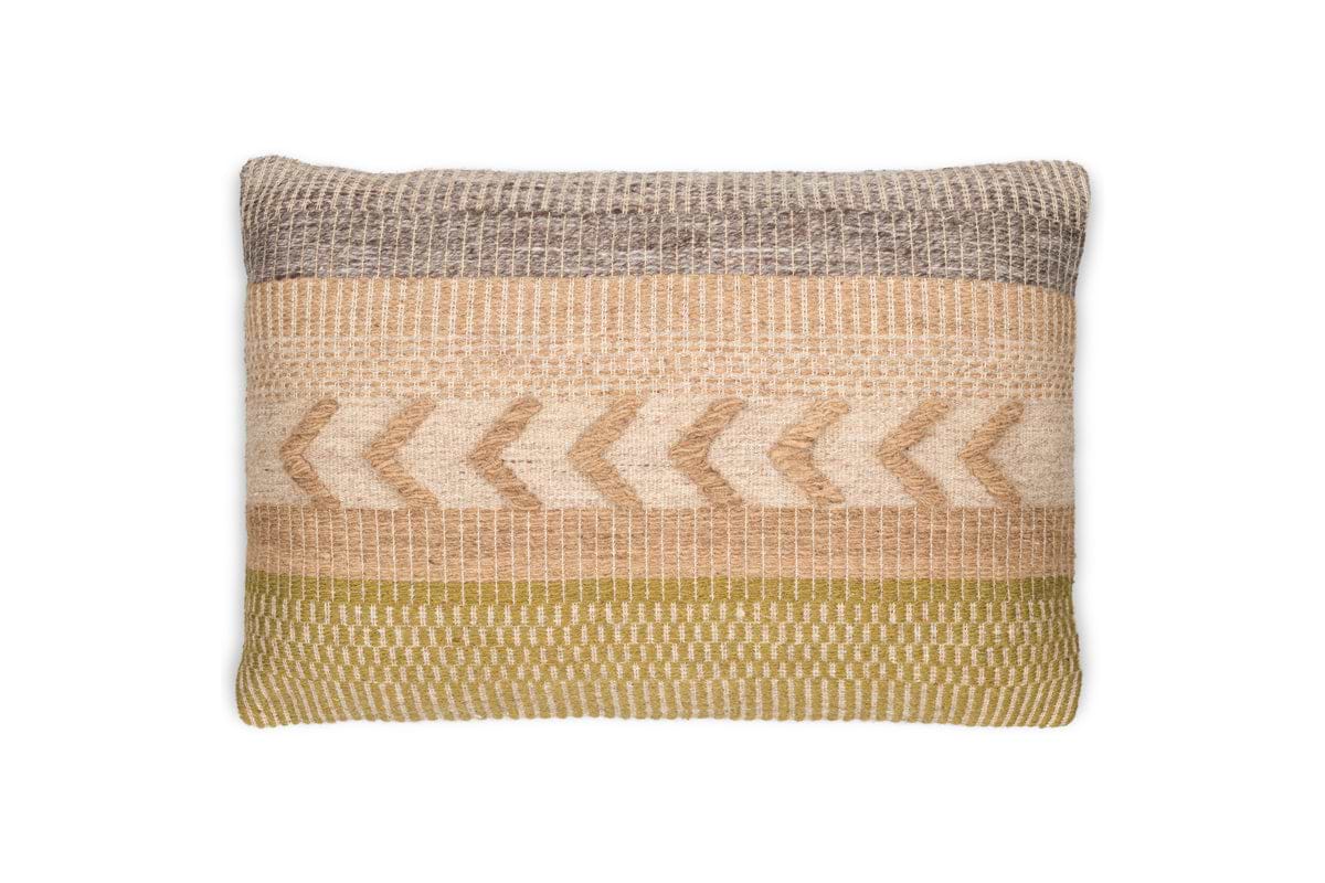 The Tuleeka Wool Cushion Cover - Ochre by nkuku features a square shape with a textured woven design, horizontal stripes in beige, tan, brown, and ochre, plus a central chevron pattern for a stylish decorative accent.