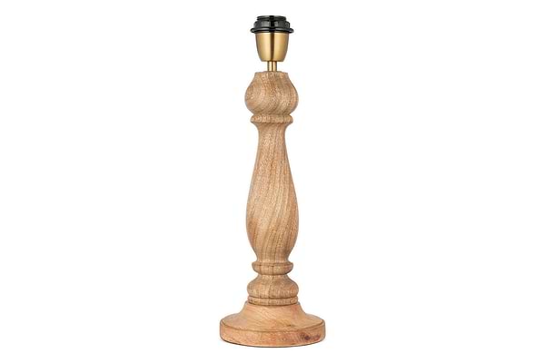 The nkuku Usha Classic Wooden Table Lamp - Natural features a turned mango wood base with a round, sturdy bottom and brass-toned socket—an eco-friendly choice, shown against a white background.