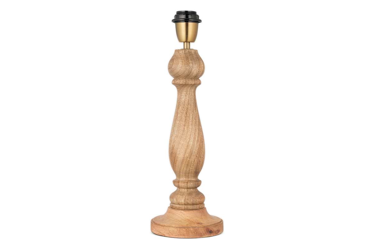 The nkuku Usha Classic Wooden Table Lamp - Natural features a turned mango wood base with a round, sturdy bottom and brass-toned socket—an eco-friendly choice, shown against a white background.