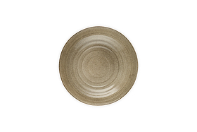 The nkuku Valinha Earthenware Serving Bowl in grey features a round shape, subtle concentric pattern, and reactive glaze, shown from above on a white background.