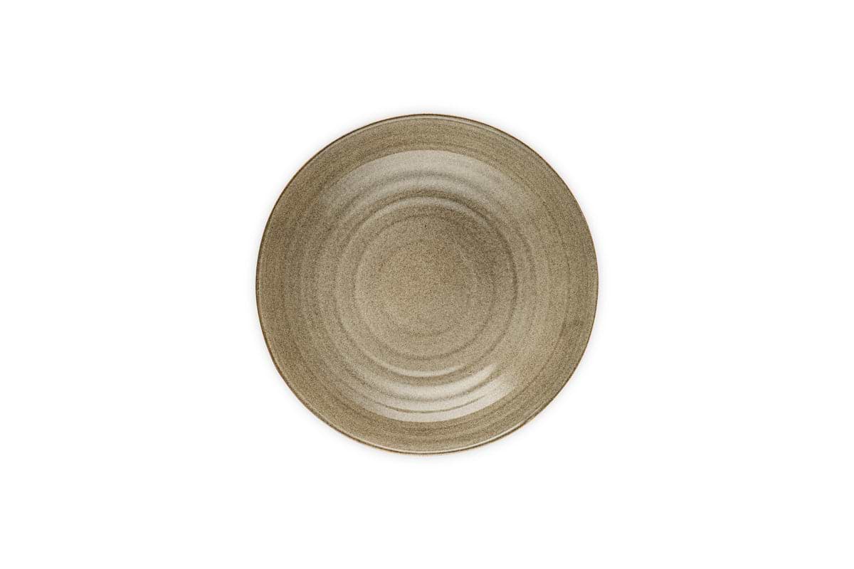 The nkuku Valinha Earthenware Serving Bowl in grey features a round shape, subtle concentric pattern, and reactive glaze, shown from above on a white background.