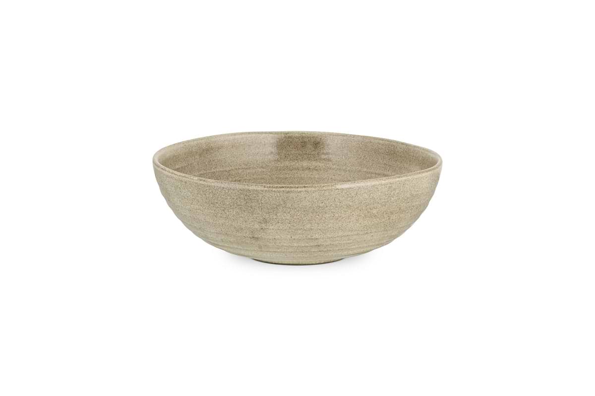 The Valinha Earthenware Dinnerware Set by nkuku (Set of 12) features grey, round ceramic bowls with a subtly textured surface and reactive glaze, displayed on a white background.