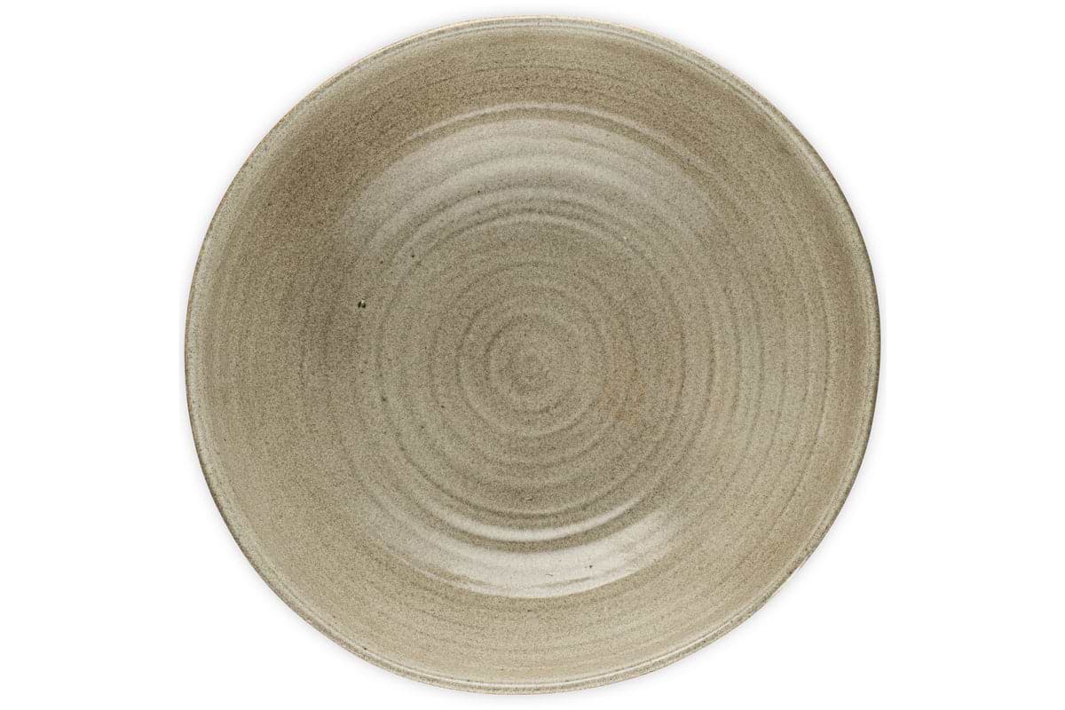 The nkuku Valinha Earthenware Footed Bowl in grey features a subtle ribbed texture and circular patterns, ideal for rustic tablescapes, shown from above on a white background.