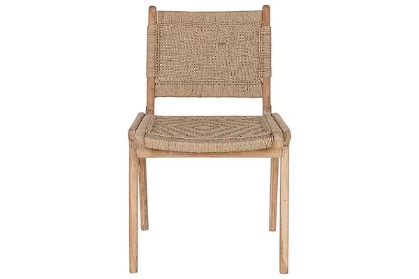 The Vinay Woven Armless Dining Chair by nkuku features acacia wood with a woven jute seat and back, shown front-facing on a white background. Its simple, rustic design highlights natural materials.