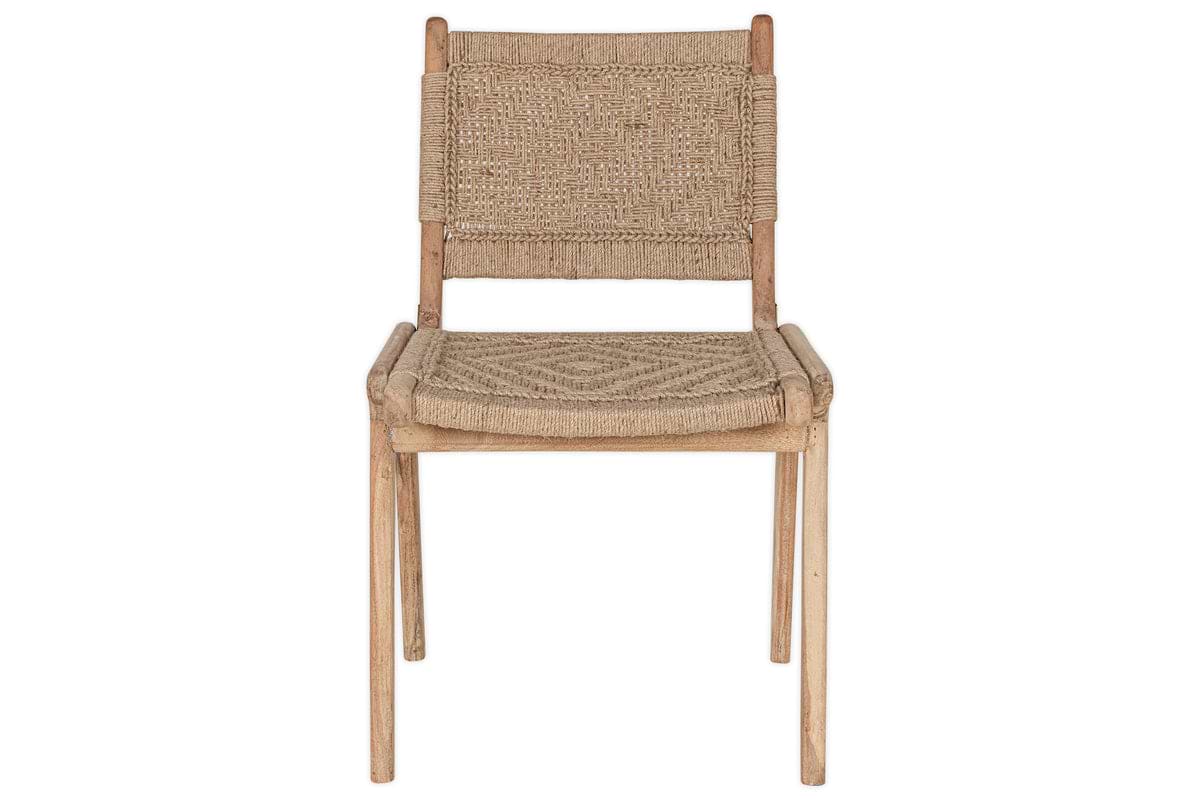 The Vinay Woven Armless Dining Chair by nkuku features acacia wood with a woven jute seat and back, shown front-facing on a white background. Its simple, rustic design highlights natural materials.
