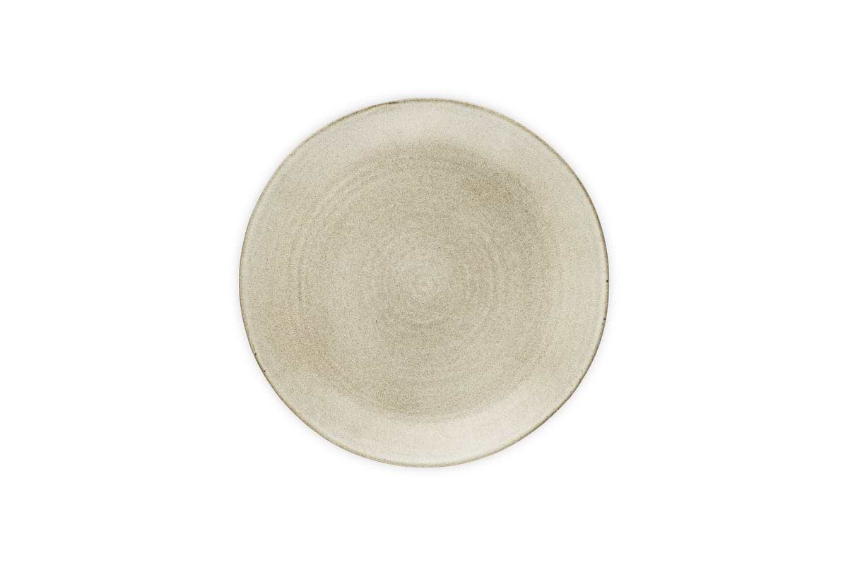 The Valinha Earthenware Dinner Plate by nkuku is a simple, round, grey ceramic plate with a subtle textured pattern, part of a refined tableware collection, shown from above on a white background.