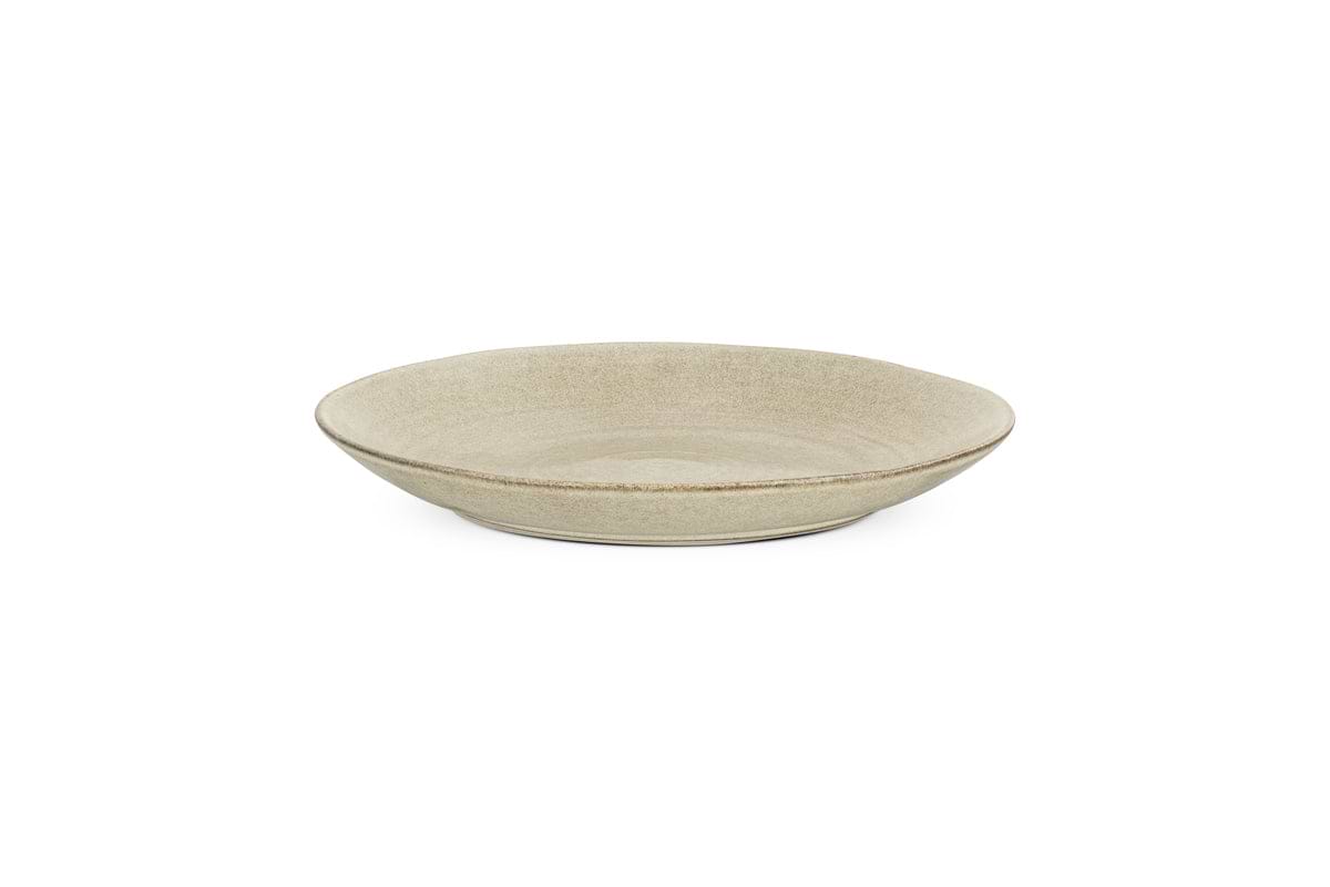 The Valinha Earthenware Dinner Plate by nkuku features a round, grey ceramic design with a subtle reactive glaze and smooth texture, elegantly showcased against a white background—an ideal addition to any tableware collection.
