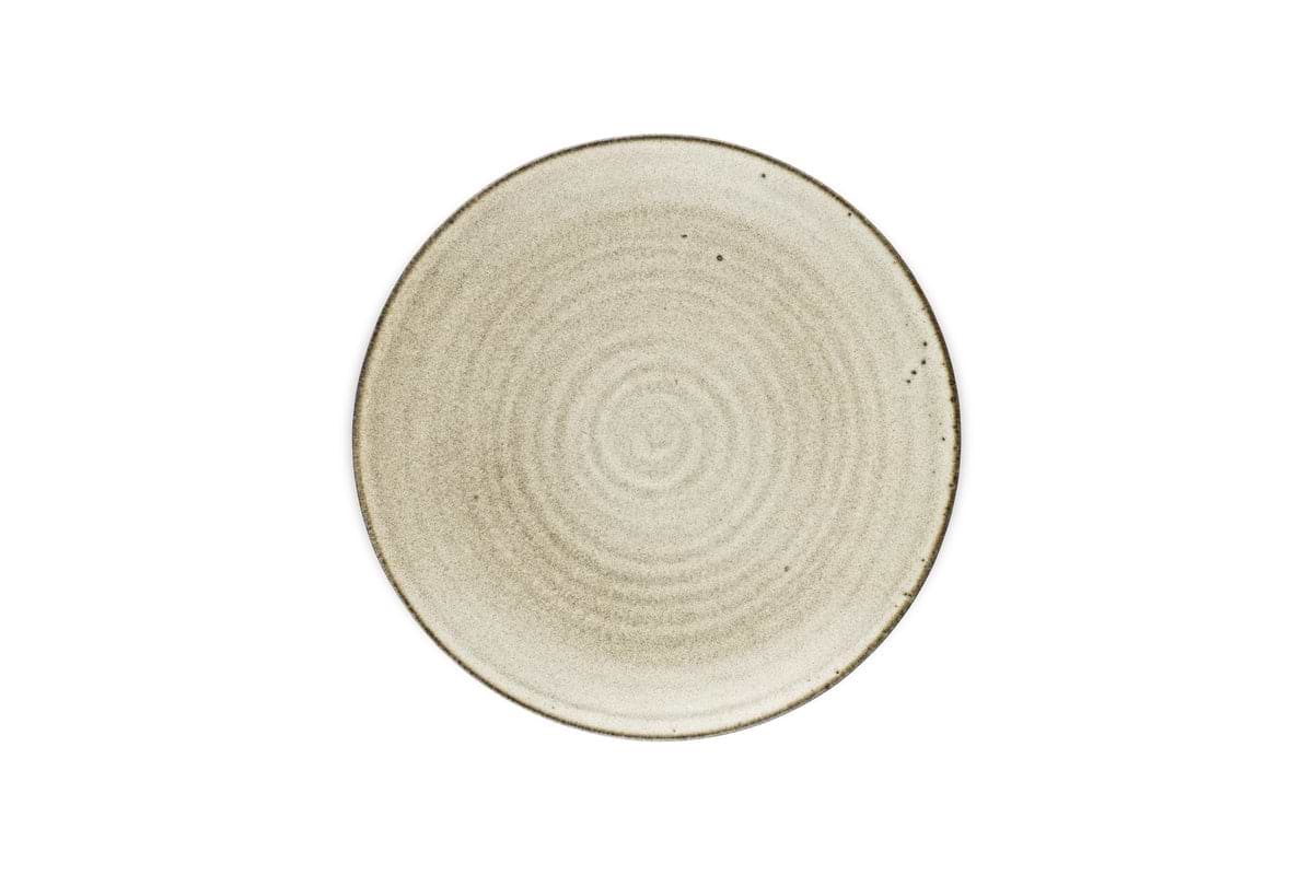 The nkuku Valinha Earthenware Dinnerware Set in grey (set of 12) features round plates with subtle concentric ring patterns and thin, darker rims—an elegant addition to any table setting.