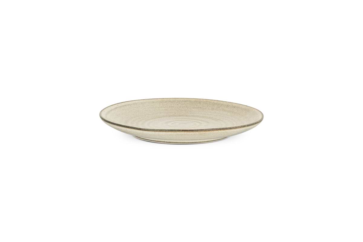 The nkuku Valinha Earthenware Side Plate in grey is a round, shallow ceramic plate with a textured spiral design, shown on a plain white background.