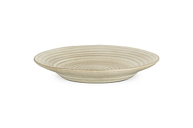 The nkuku Valinha Earthenware Round Platter in grey features a reactive glaze, shallow depth, and concentric ridges, adding stylish charm to your serveware collection. Set against a white background.