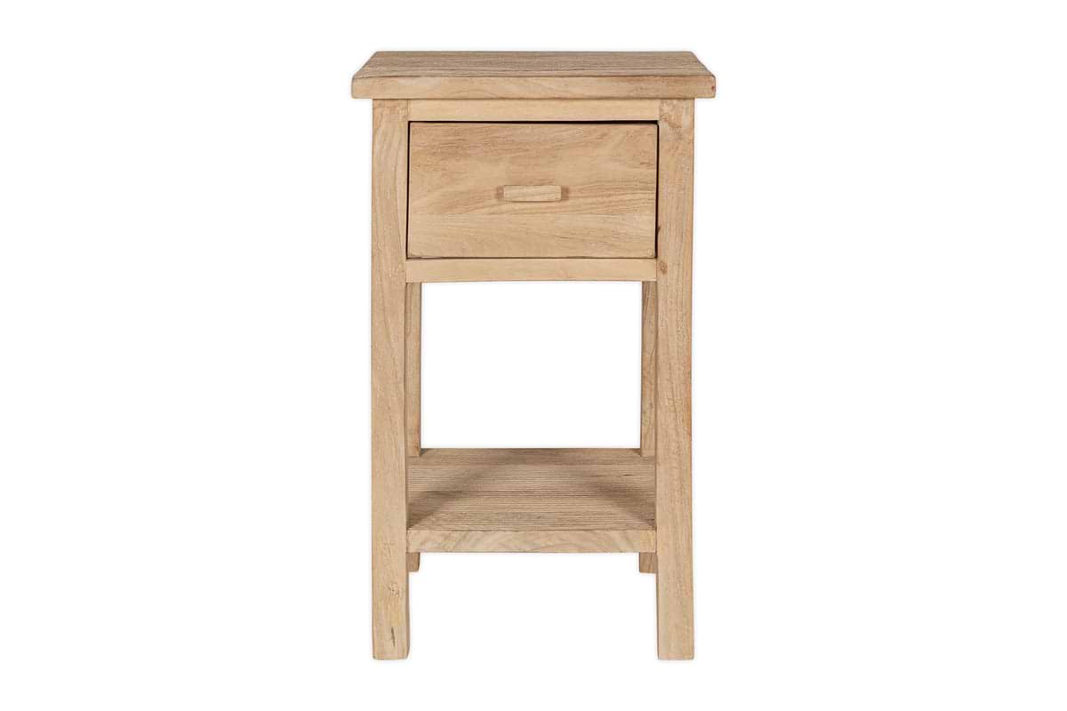 The nkuku Vivan Grooved Bedside Table in Natural features a light wood finish, single drawer, open shelf, and straight legs. Its minimalist rectangular design is ideal for modern bedrooms.