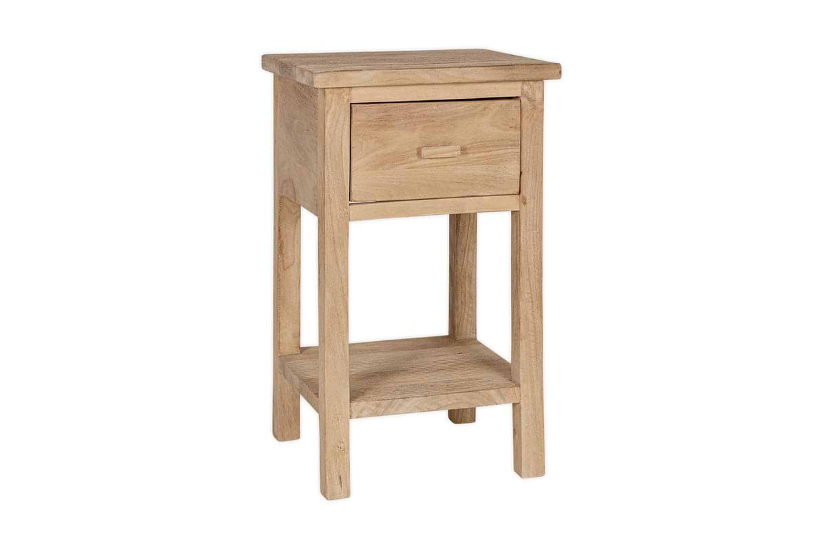The nkuku Vivan Grooved Bedside Table - Natural is a slim, light wood nightstand with four legs, a single drawer with a rectangular handle, and an open shelf. Its simple modern style complements any bedroom.
