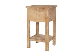 The nkuku Vivan Grooved Bedside Table - Natural features a minimalist design with a slim square top, four straight legs, a lower shelf, and natural wood grain. Its part of the Vivan collection.