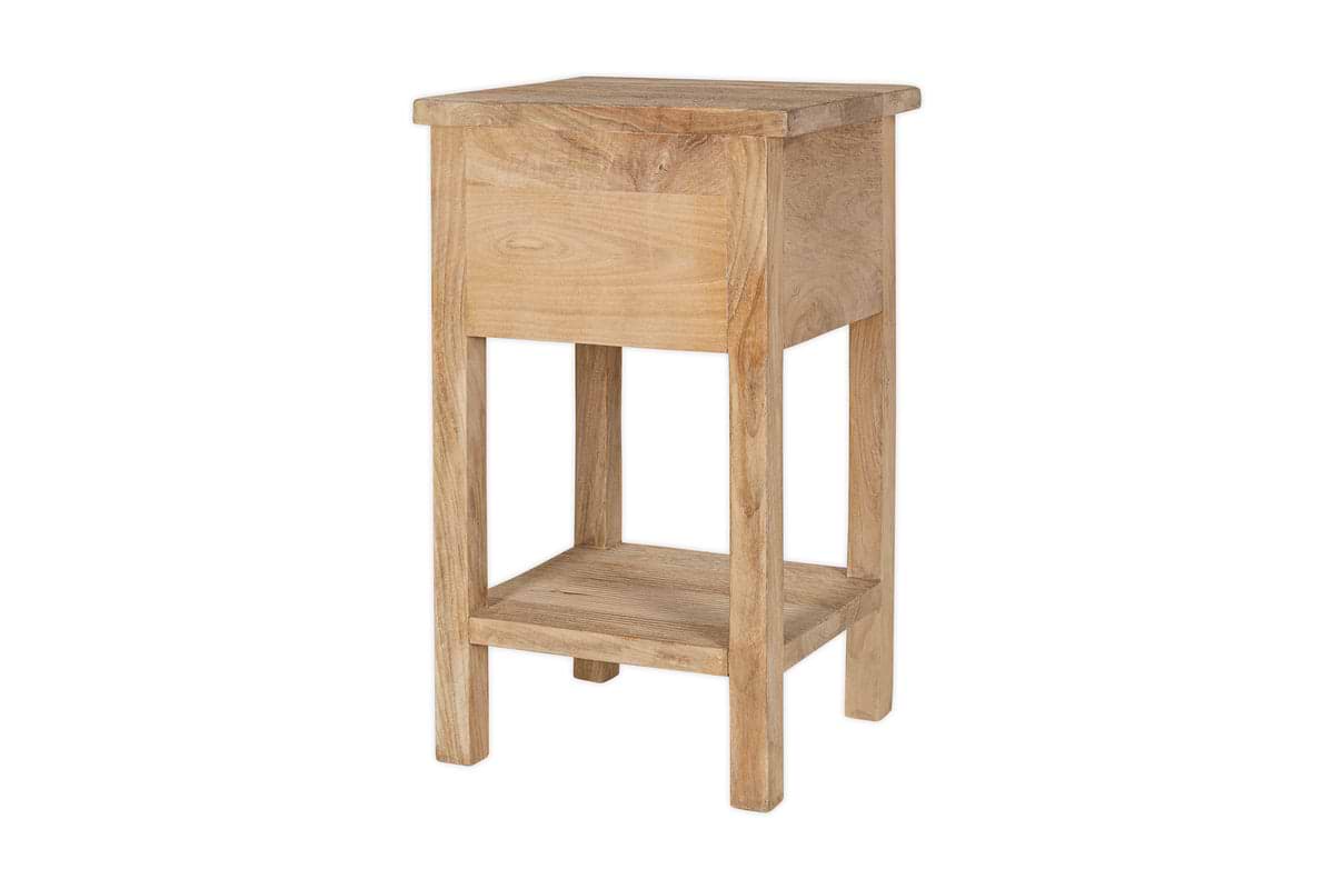 The nkuku Vivan Grooved Bedside Table - Natural features a minimalist design with a slim square top, four straight legs, a lower shelf, and natural wood grain. Its part of the Vivan collection.