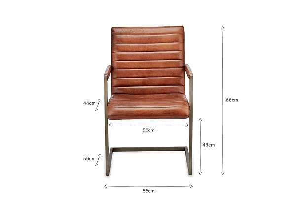 The Wamma Leather Desk Chair by nkuku features dark chocolate brown leather with a ribbed back and seat, a dark metal frame, seat height 46cm, armrest height 44cm, seat width 50cm, overall width 55cm, and height 88cm.