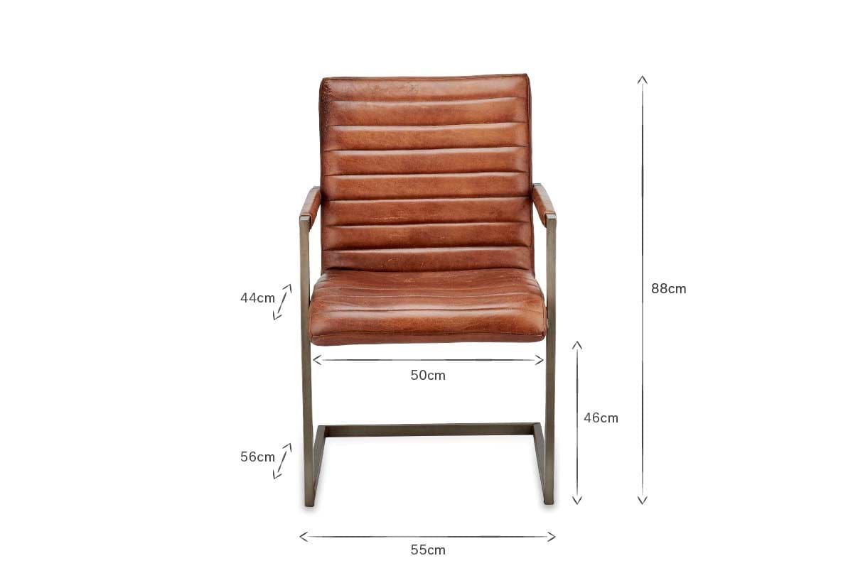 The Wamma Leather Desk Chair by nkuku features dark chocolate brown leather with a ribbed back and seat, a dark metal frame, seat height 46cm, armrest height 44cm, seat width 50cm, overall width 55cm, and height 88cm.