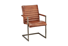 The Wamma Leather Desk Chair by nkuku features dark chocolate brown leather with a ribbed design, slim metal armrests, and a cantilevered rectangular frame for an industrial-vintage look that pops against a white background.