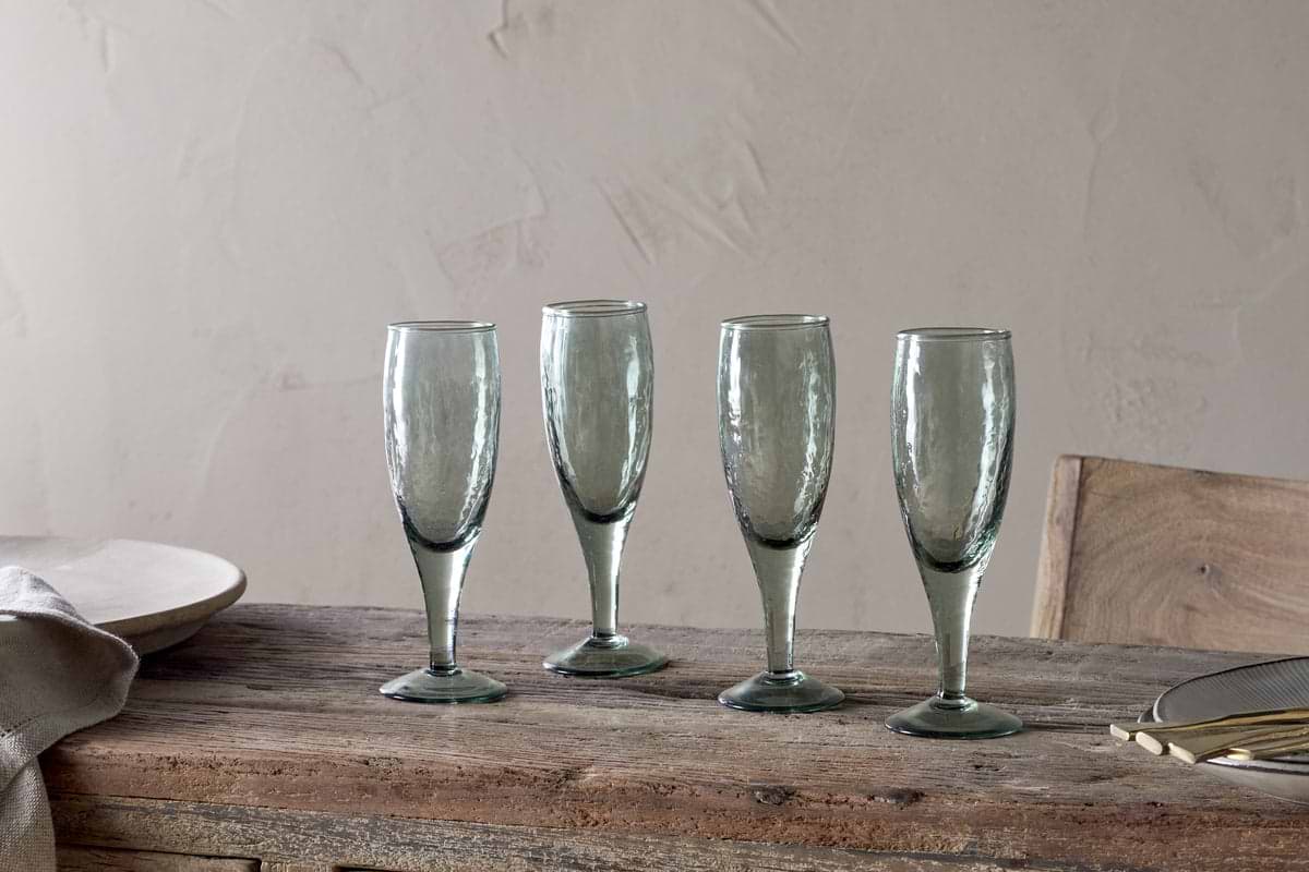 Yala Hammered Champagne Glass - Sage Green (Set of 4)-GLASSWARE-Nkuku