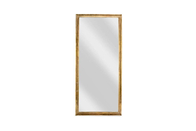 The nkuku Yadur Full Length Mirror features a tall, rectangular design with a simple antique brass frame. It stands vertically against a white background, with its clear glass reflecting light and showing no visible reflections or objects.