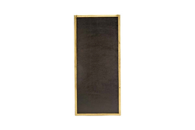The Yadur Full Length Mirror by nkuku features an antique brass thin frame and a dark, minimalist surface with clean lines. Shown vertically against a white background, this mirror offers a simple, modern design with no visible decorations.