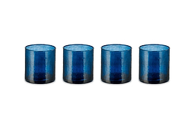 A set of four nkuku Yala Hammered Tumblers in indigo are arranged in a line on a white background. The translucent glasses feature a hammered texture and are identical in size and shape.