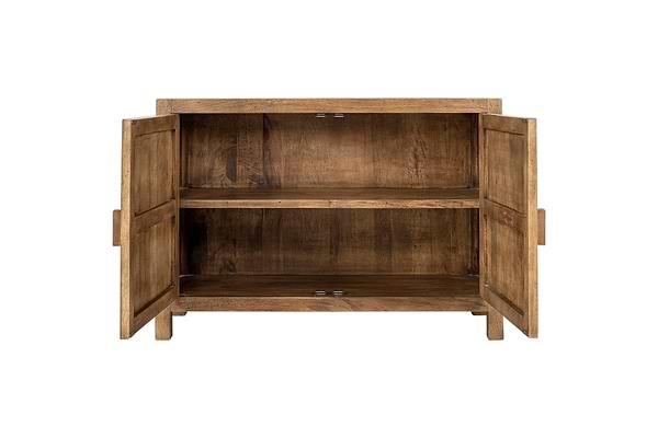 The nkuku Yasha Reeded Mango Wood Sideboard features two open doors revealing an interior shelf, natural finish, and simple rectangular design. It stands on four short legs and adds elegance to any space.