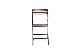 A front-facing nkuku Yealme Iron Bistro Chair with a dark brown finish features horizontal slats on the seat and backrest, slim sturdy legs with hinges and support bars, evoking classic industrial outdoor style. The background is plain white.