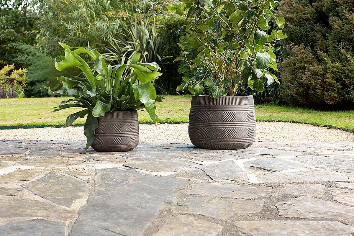Zadie Etched Ceramic Planters - Grey - (Set of 2)-VASES & PLANTERS-Nkuku