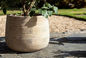 The Zadie Etched Ceramic Planters - Neutral (Set of 2) by nkuku feature geometric patterns and a textured finish. Shown here holding lush greenery on a sunlit stone patio, they add artisan charm to any outdoor space with grass and gravel accents.
